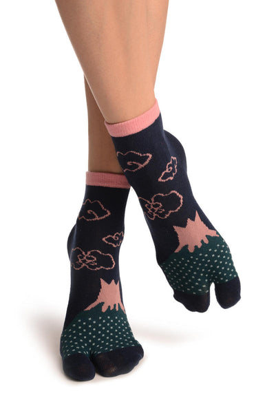 Pink Clouds On Dark Blue Japanese Ankle High Socks