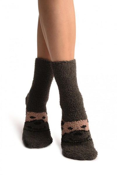 Grey With Cute Bear Terry Ankle High Socks