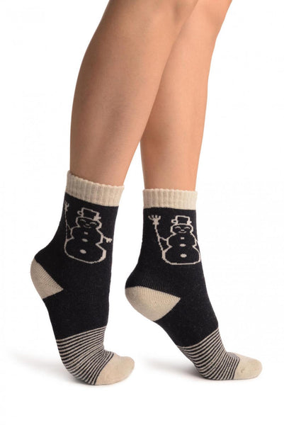 Dark Blue With Thing Stripes & Snowman Angora Ankle High Socks