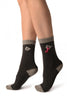 Dark Grey With Cute Bear & Satin Bow Angora Ankle High Socks