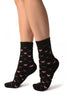 Pink Hearts On Black Angora Ankle High Socks