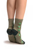 Green & Beige Stripes & Roses With Comfort Top Ankle High Socks