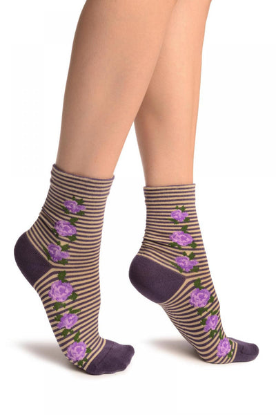 Purple & Beige Stripes & Roses With Comfort Top Ankle High Socks