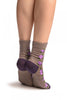 Purple & Beige Stripes & Roses With Comfort Top Ankle High Socks