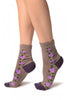 Purple & Beige Stripes & Roses With Comfort Top Ankle High Socks