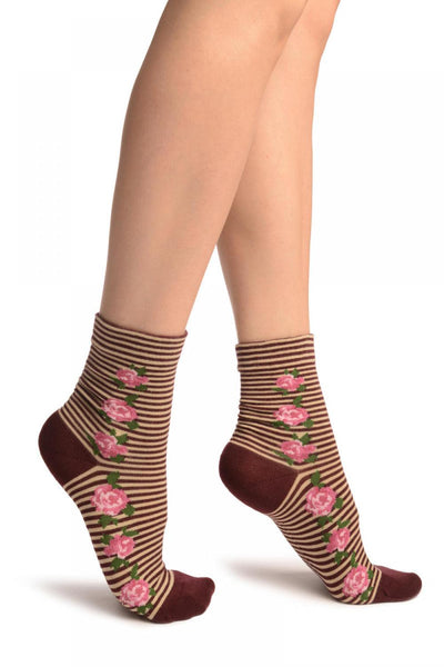 Burgundy & Beige Stripes & Roses With Comfort Top Ankle High Socks