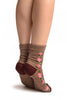 Burgundy & Beige Stripes & Roses With Comfort Top Ankle High Socks