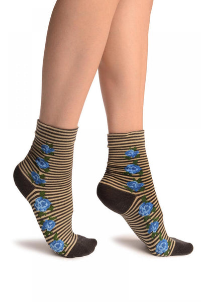 Grey & Beige Stripes & Roses With Comfort Top Ankle High Socks