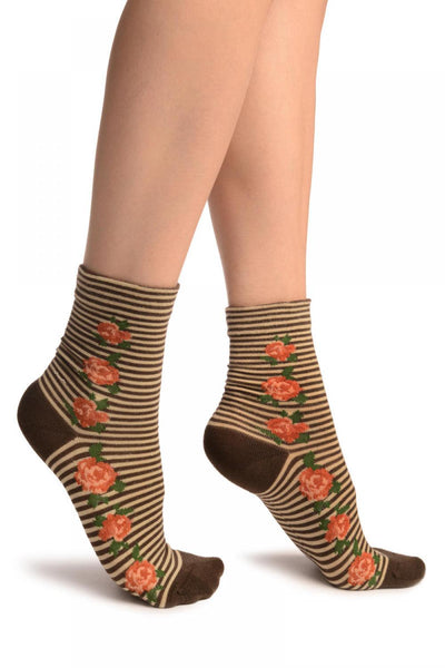 Brown & Beige Stripes & Roses With Comfort Top Ankle High Socks