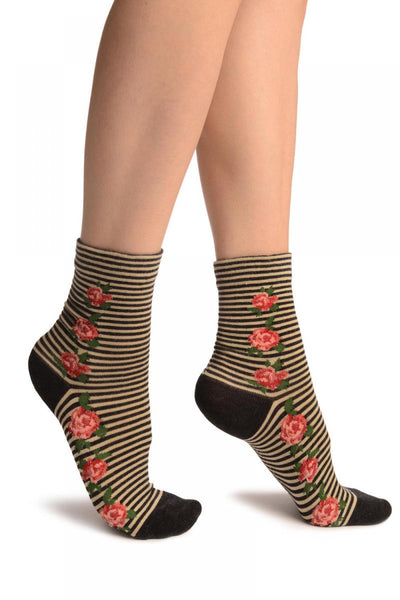 Black & Beige Stripes & Roses With Comfort Top Ankle High Socks