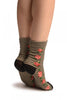 Black & Beige Stripes & Roses With Comfort Top Ankle High Socks