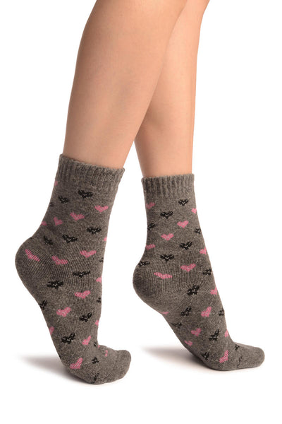 Pink & Black Hearts On Grey Angora Ankle High Socks