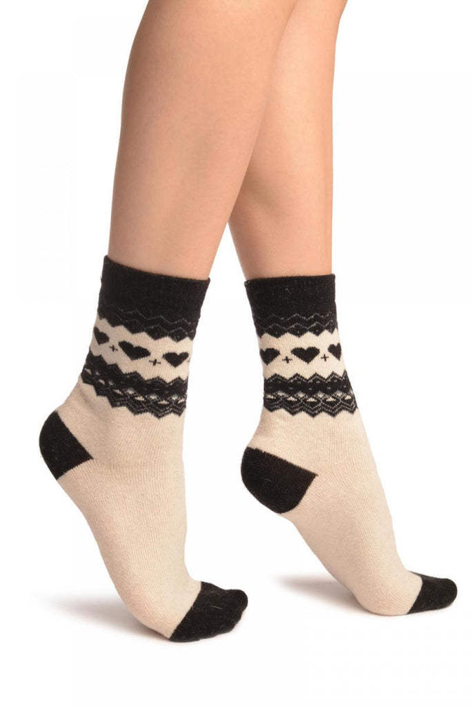 White With Hearts & Black Top Angora Ankle High Socks
