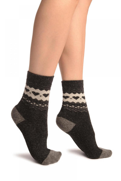 Dark Grey With Hearts & Dark Grey Angora Ankle High Socks