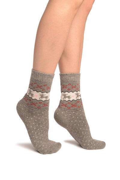 Reindeers & Dots on Grey Angora Ankle High Socks