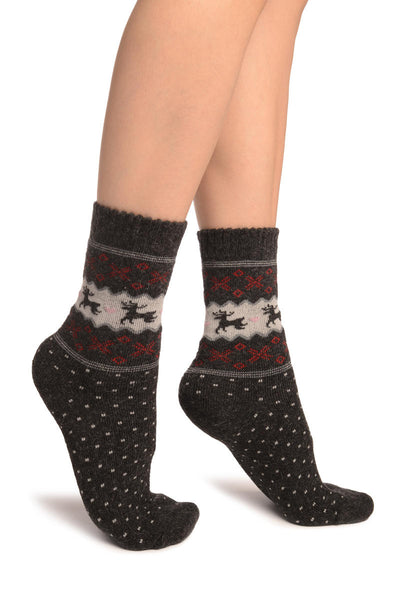 Reindeers & Dots on Dark Grey Angora Ankle High Socks