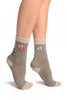 Grey With Cute Bear & Satin Bow Angora Ankle High Socks