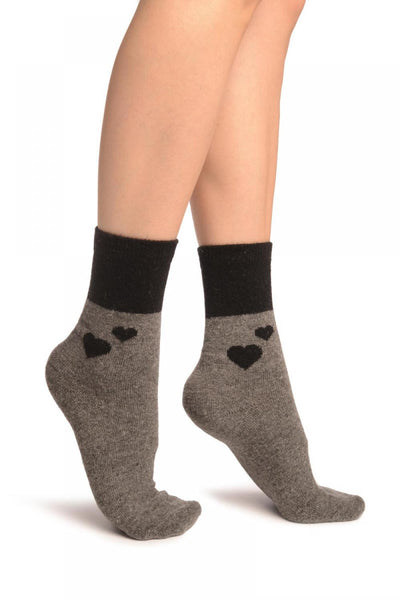 Hearts On Grey Angora Ankle High Socks