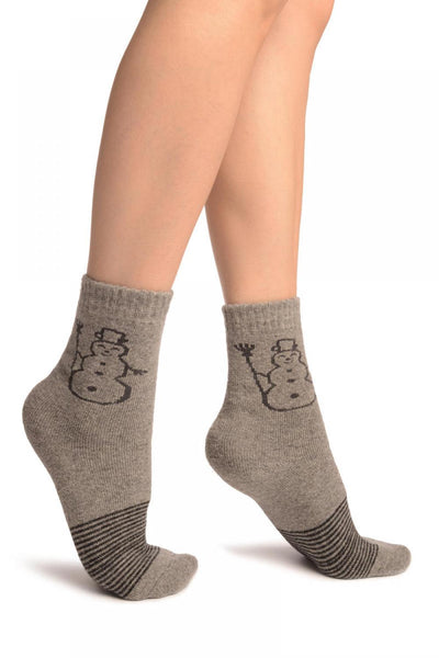 Grey With Thing Stripes & Snowman Angora Ankle High Socks