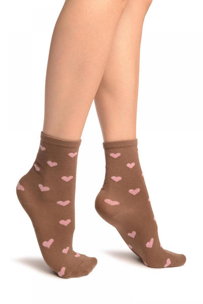 Hearts All Over Mocha Ankle High Socks