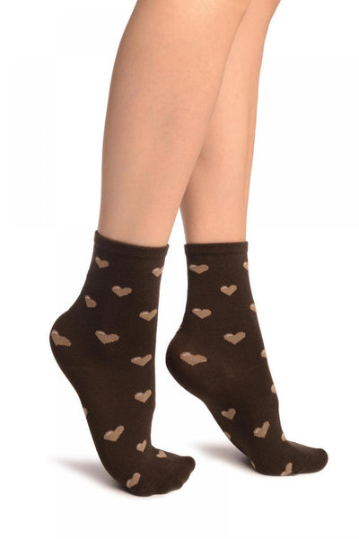 Hearts All Over Brown Ankle High Socks