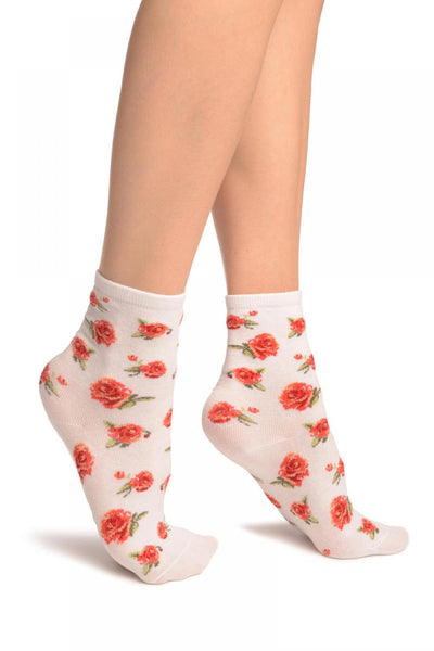 White With Red Woven Roses Ankle High Socks