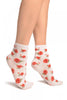 White With Red Woven Roses Ankle High Socks