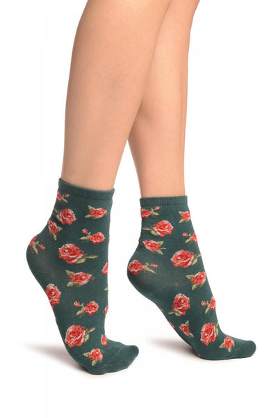 Green With Red Woven Roses Ankle High Socks