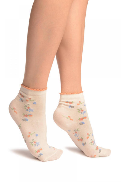 Cream With Summer Flowers Ankle High Socks