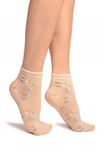 Beige With Summer Flowers Ankle High Socks