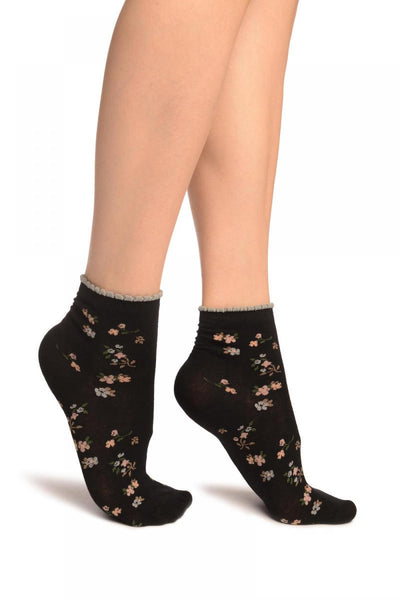 Black With Summer Flowers Ankle High Socks