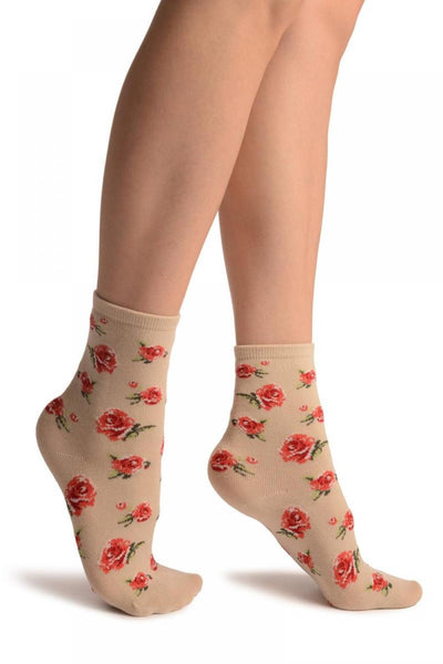 Beige With Red Woven Roses Ankle High Socks