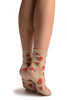 Beige With Red Woven Roses Ankle High Socks