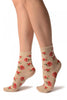 Beige With Red Woven Roses Ankle High Socks