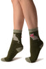 Green With Cute Cat & Satin Bow Angora Ankle High Socks