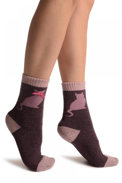 Purple With Cute Cat & Satin Bow Angora Ankle High Socks