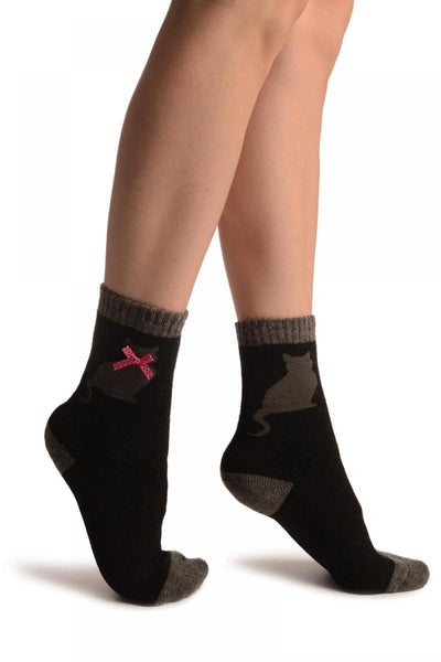 Black With Cute Cat & Satin Bow Angora Ankle High Socks