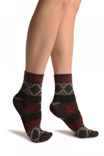 Dark Grey With Nordic Pattern Ankle High Socks