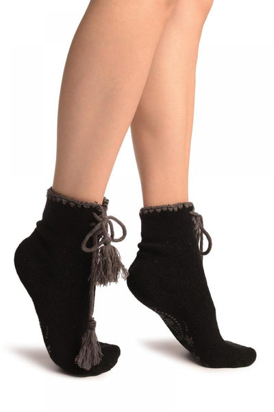 Black Lace Up With Silicon Grip Angora Ankle High Socks