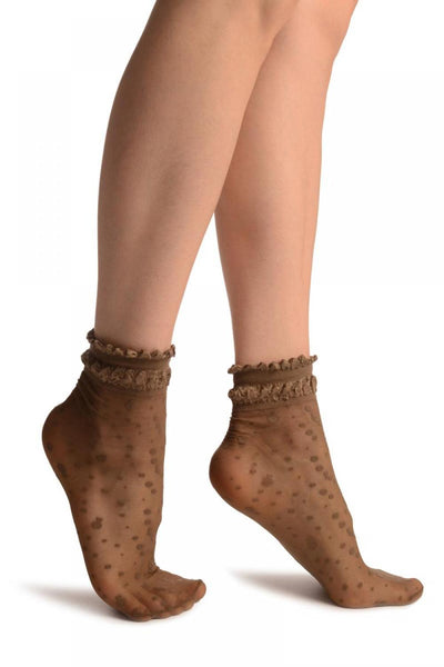 Brown With Little Dots And Silky Comfort Top Ankle High Socks