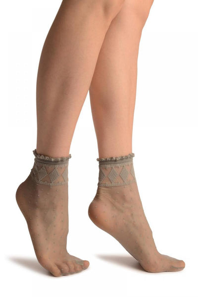 Grey With Little Dots And Diamonds Silky Comfort Top Ankle High Socks