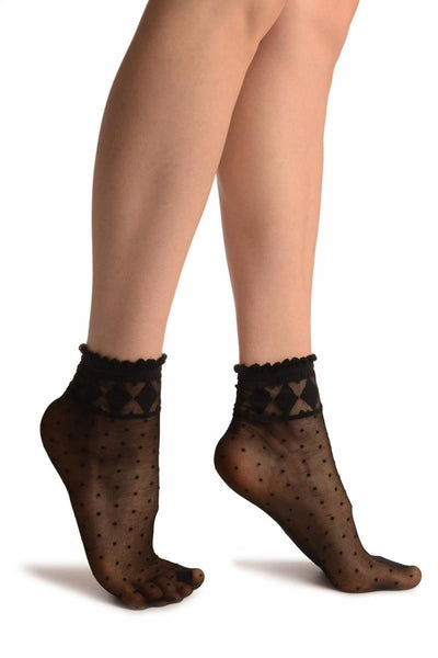 Black With Little Dots And Diamonds Silky Comfort Top Ankle High Socks