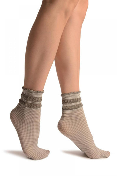 White & Grey Checkered And Silky Comfort Top Ankle High Socks