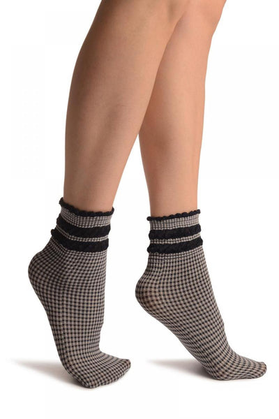 White & Navy Blue Checkered And Silky Comfort Top Ankle High Socks