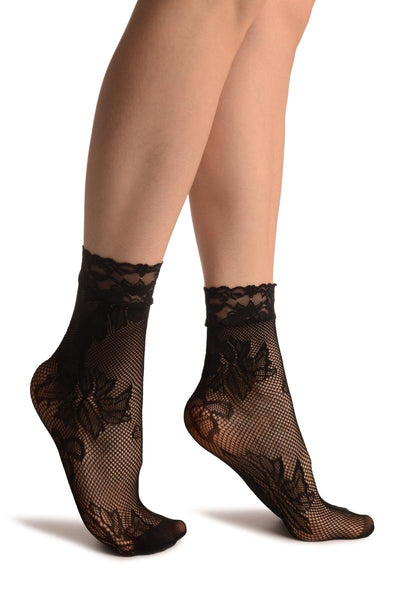 Orchid & Peony Flowers Black Lace Socks Ankle High