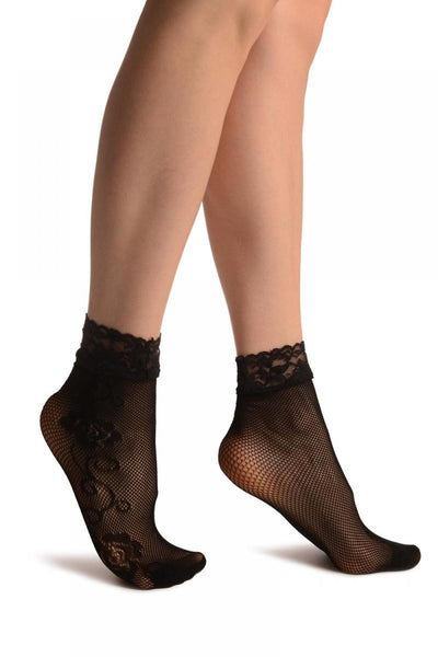 Linked Roses On The Side Black Lace Socks Ankle High