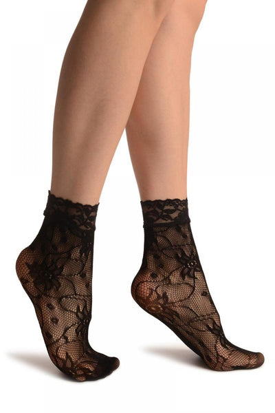 Flowers With Black Pearls Black Lace Socks Ankle High