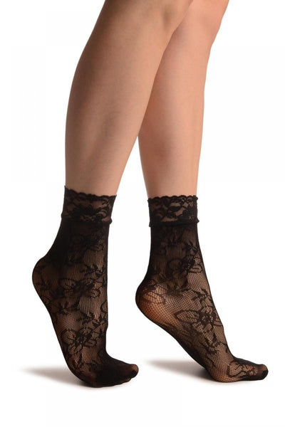 Small Viola Flowers Black Lace Socks Ankle High