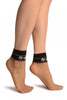 Beige With Black Top & White Lotus Flowers Socks Ankle High