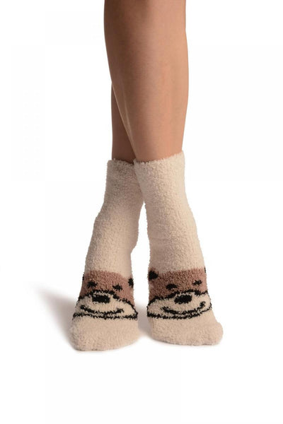 Cream With Cute Bear Terry Ankle High Socks